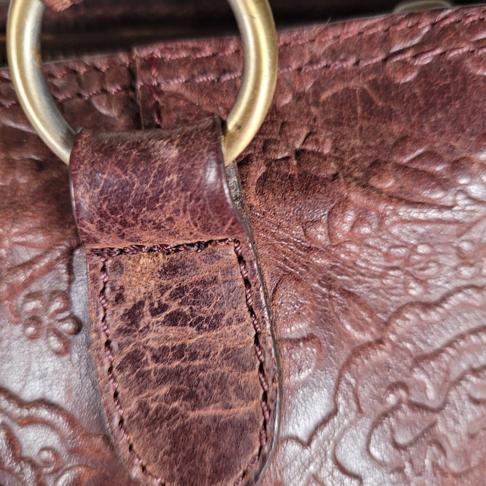 Diba True Floral Embossed Leather Large Shoulder Bag Brown Boho Tooled Tassel - Picture 7 of 16